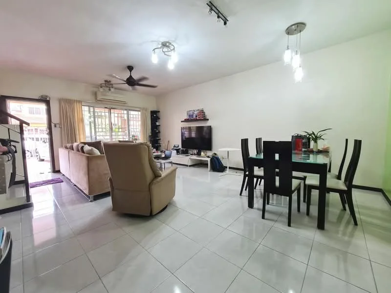 Living features: 3-seater fabric sofa in beige, single armchair in beige, coffee table, TV console, wall-mounted TV, ceiling fan with light, recessed downlights, white painted walls, glossy ceramic tile flooring, large windows with sheer curtains, decorative plant on table, area rug; style: modern; view: garden. Dining features: 6-seater dining table, black dining chairs, decorative centerpiece on table, white painted walls, glossy ceramic tile flooring; style: modern.
