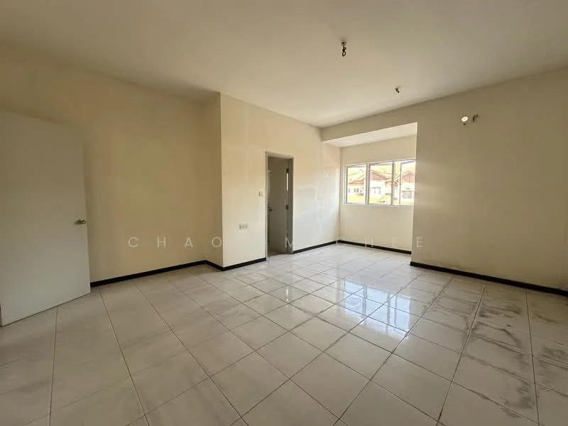 Room features: white painted walls, tile flooring, large window, natural light, ceiling light fixture, corner room, no visible furniture, neutral color scheme.