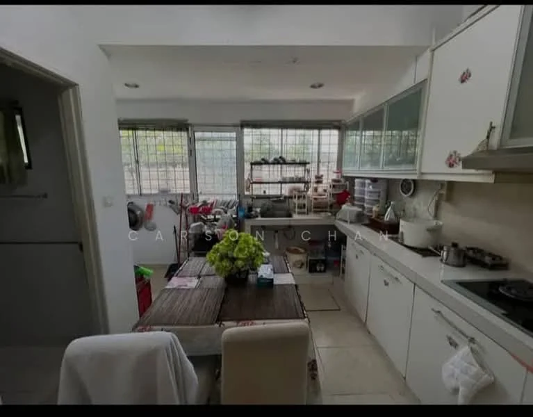 Kitchen features: white cabinetry, granite countertop, stainless-steel sink, chrome pull-down faucet, built-in oven, freestanding range oven, microwave, ceramic tile flooring, window with grid pattern, dining table with chairs, open shelving, kitchen island, recessed downlights; style: modern.