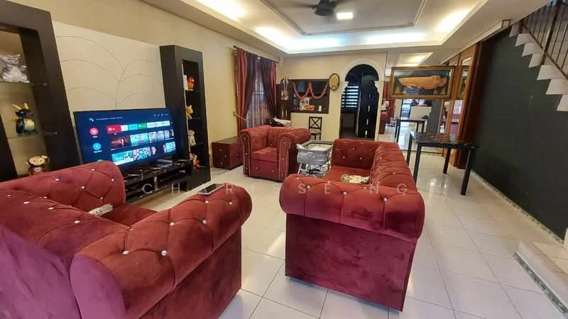 Living features: red velvet tufted sofas, glass coffee table, large flat-screen TV, black TV console, white tiled flooring, decorative wall art, curtains with floral pattern, recessed ceiling lights, ceiling fan, open layout, wall-mounted decor, access to staircase; style: modern.