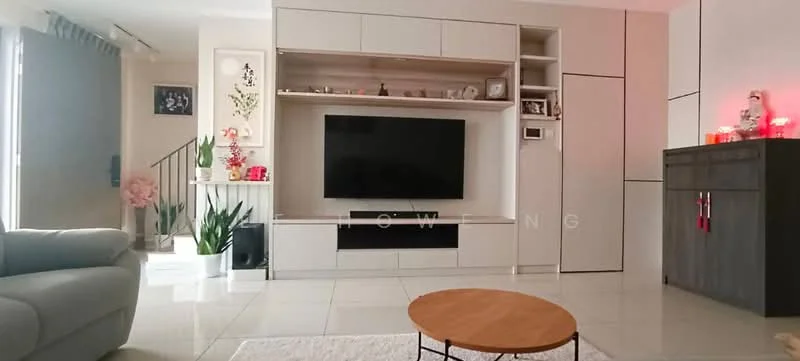 Living features: light grey leather sofa, round wooden coffee table, wall-mounted flat-screen TV, white built-in cabinetry, decorative wall art, potted plants, white tiled flooring, recessed lighting, staircase in background, grey accent wall; style: modern.