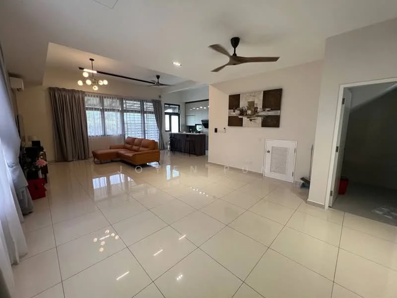 Living features: cream painted walls, white ceiling, 5-blade ceiling fan, recessed downlights, large windows with sheer curtains, glossy ceramic tile flooring, brown leather sofa, decorative wall art, air conditioning unit, open layout to adjacent room; style: modern.