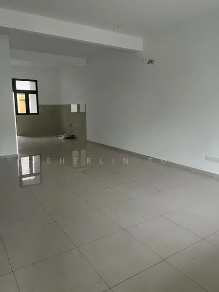 Room features: white painted walls, polished ceramic tile flooring, large windows, high ceiling, recessed downlights, neutral color scheme, open layout, no visible furniture; style: modern.