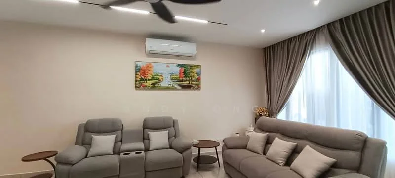 Living features: 3-seater fabric sofa in grey, 2 recliner chairs in grey, coffee table, wall-mounted air conditioning unit, framed artwork on wall, floor-to-ceiling windows with sheer curtains, recessed LED downlights, ceiling fan, decorative side table, throw pillows; style: modern.