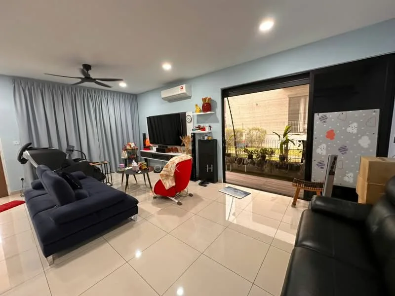 Living features: 3-seater fabric sofa in navy blue, 2-seater leather sofa in black, coffee table, TV console, wall-mounted TV, ceiling fan, recessed downlights, sliding glass door, floor-to-ceiling curtains in grey, tile flooring, decorative wall art, exercise equipment, potted plants visible through sliding door; style: modern; view: garden.