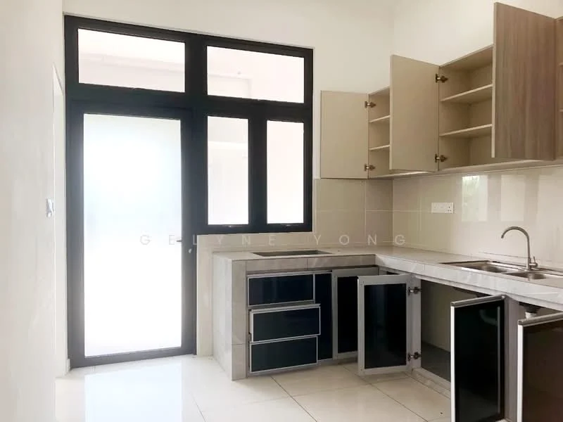 Kitchen features: white tiled walls, glossy grey lower cabinets, glass-front upper cabinets, stainless-steel sink, chrome pull-down faucet, white countertop, floor-to-ceiling windows, tile flooring; style: modern.