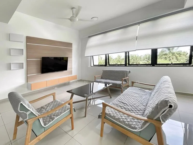 Living features: 3-seater fabric sofa in grey, 2-seater fabric sofa in grey, glass coffee table, wall-mounted TV, wooden TV console with storage, ceiling fan, large windows with roller blinds, white painted walls, glossy tile flooring; style: modern; view: garden.