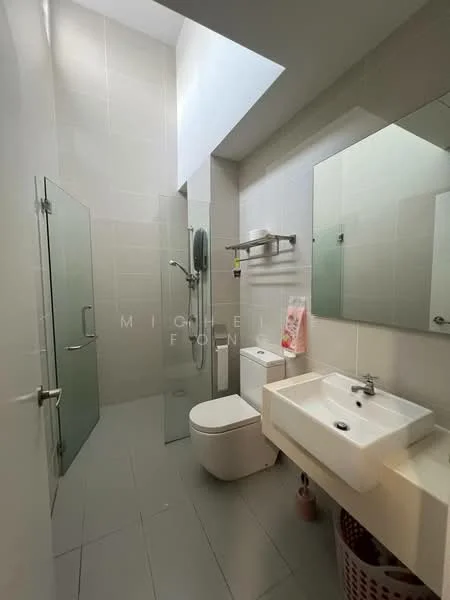 Bathroom features: glass shower enclosure, rain shower head, handheld shower, white ceramic toilet, single-sink vanity with white cabinet, chrome basin mixer faucet, framed mirror, grey tiled walls, light grey floor tiles, towel rack, window for natural light; style: modern.