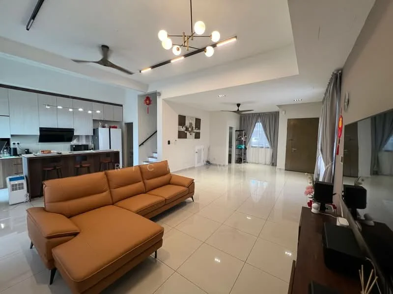 Living features: L-shape sectional sofa in tan, coffee table, wall-mounted TV, TV console, recessed downlights, 5-blade ceiling fan, large windows with sheer curtains, white painted walls, glossy tile flooring, decorative wall art, open layout to kitchen, dining area visible; style: modern. Kitchen features: kitchen island, stainless-steel sink, built-in oven, freestanding range oven, microwave, white cabinetry, black countertop, recessed lighting; style: modern.