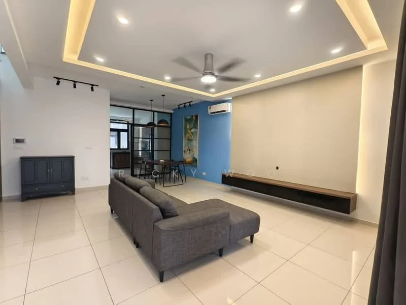 Living features: grey fabric sofa, coffee table, wall-mounted TV, TV console, recessed ceiling with LED lighting, ceiling fan, white painted walls, blue accent wall, porcelain tile flooring, large windows, curtains, decorative artwork; style: modern.