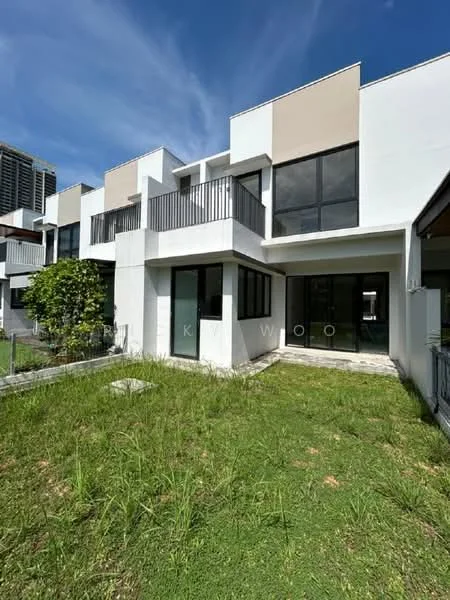 Exterior type: linked terrace house; features: white painted facade, balconies with black railings, large glass windows, manicured lawn, stone-paved walkway, two-storey structure, surrounded by greenery; style: modern.