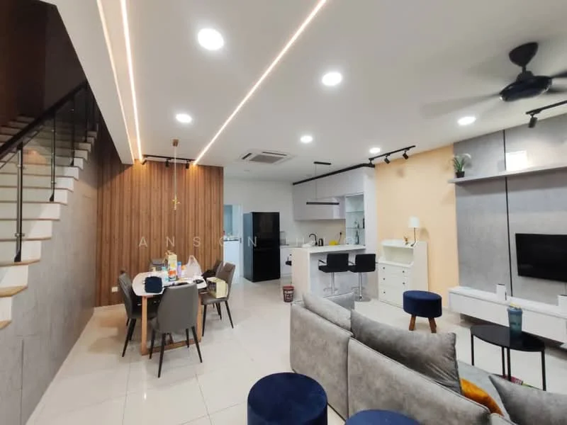 Living features: sofa with grey upholstery, 3-seater fabric sofa, coffee table, TV console, wall-mounted TV, area rug, ceiling fan, recessed LED downlights, wood accent wall, dining table with chairs, staircase with metal railing, open layout, tile flooring, kitchen area visible; style: modern.