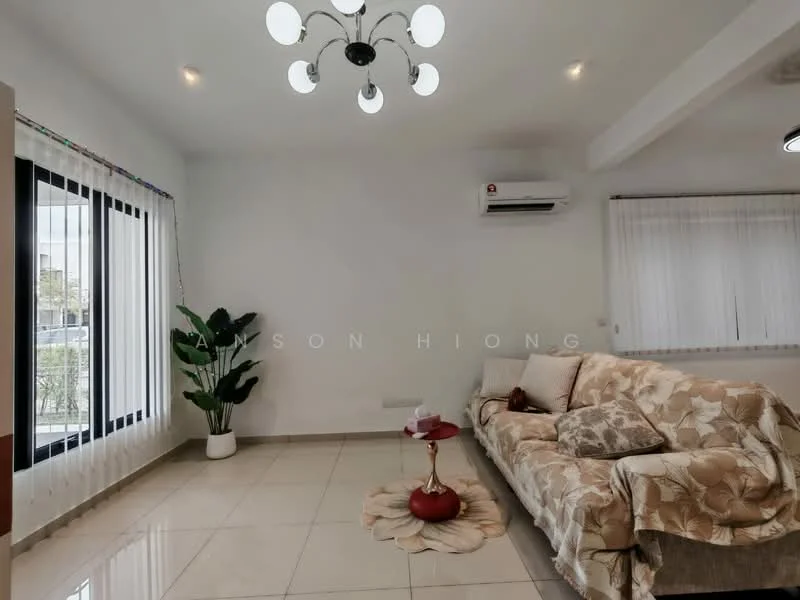 Living features: 3-seater fabric sofa with floral pattern, coffee table, floor-to-ceiling windows, white painted walls, tile flooring, 5-blade ceiling fan with light, potted houseplant, curtains, air conditioning unit; style: modern.