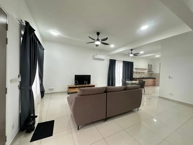 Living features: 3-seater fabric sofa in grey, floor-to-ceiling windows with sheer curtains, 2 ceiling fans, wall-mounted TV, TV console, recessed LED downlights, cream painted walls, glossy tile flooring, black area rug, open layout to kitchen, dark wood cabinetry in kitchen, kitchen island visible; style: modern.