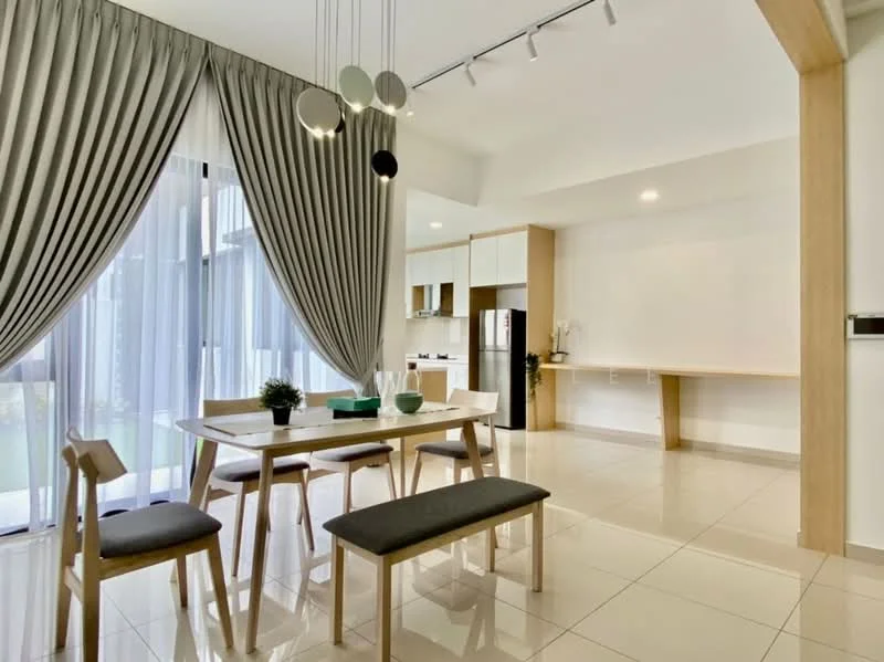 Dining features: dining table with 4 chairs, bench seating, grey upholstered seat cushions, floor-to-ceiling windows, sheer curtains, grey tile flooring, recessed downlights, wooden accent wall, open layout to kitchen, decorative plant on table; style: modern; view: garden. Kitchen features: stainless-steel fridge, built-in cabinetry, white countertops, open shelving, kitchen island, pendant lighting; style: modern.
