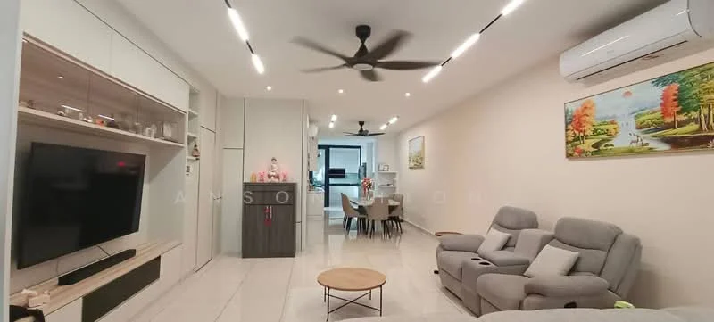 Living features: light grey fabric sofa, 2-seater recliner, round wooden coffee table, wall-mounted flat-screen TV, built-in cabinetry with light wood finish, white painted walls, recessed ceiling lights, 5-blade ceiling fan, air conditioning unit, dining area with grey dining table and chairs, large sliding glass door leading to balcony, decorative landscape painting; style: modern.