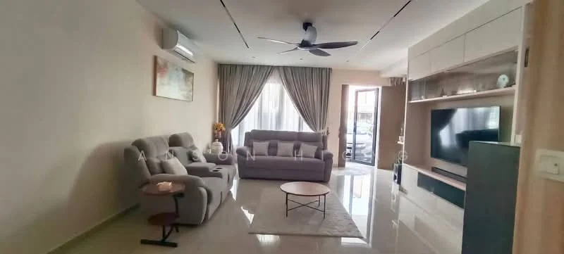 Living features: 3-seater fabric sofa in grey, 2-seater fabric sofa in grey, round coffee table with metal legs, wall-mounted TV, TV console with storage, floor-to-ceiling windows, sheer curtains, 5-blade ceiling fan with light, recessed downlights, glossy tile flooring, decorative wall art, potted houseplants; style: modern.