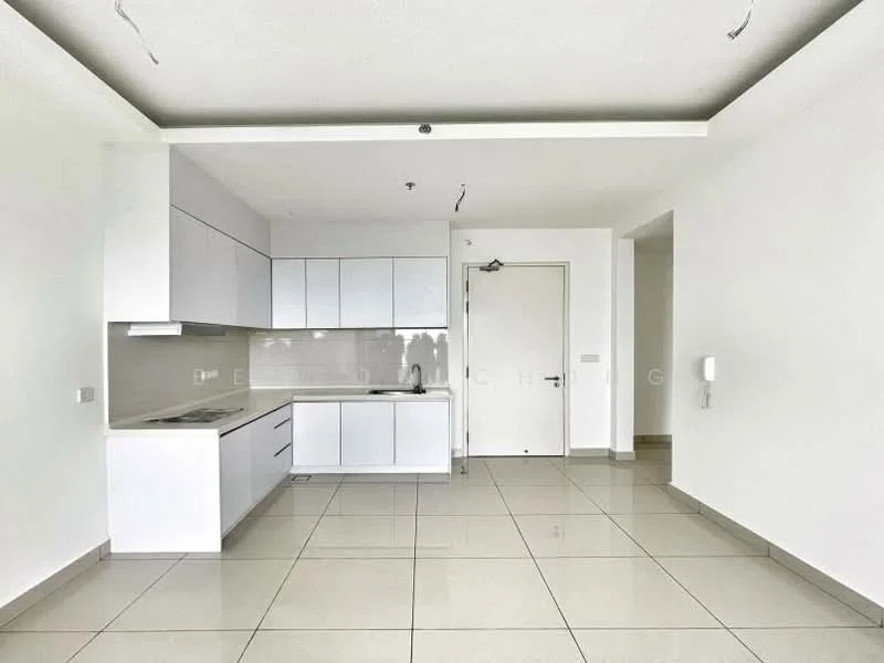Kitchen features: white flat-panel cabinets, stainless-steel sink, chrome pull-down faucet, built-in oven, 4-burner gas hob, exhaust hood, white quartz countertop, ceramic tile flooring, recessed downlights, open layout, wall-mounted intercom, door to hallway; style: modern. Living features: ceramic tile flooring, white painted walls, recessed ceiling, open layout, natural light from windows, door to hallway; style: modern.