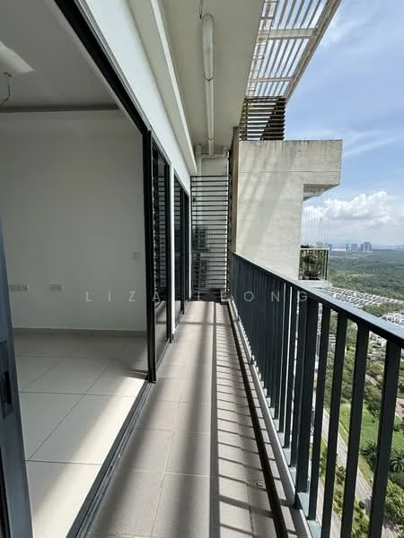 Room features: balcony, floor-to-ceiling sliding glass doors, grey tiled flooring, metal railing, city view, exterior shading louvres, white painted walls, natural light; style: modern; view: city.