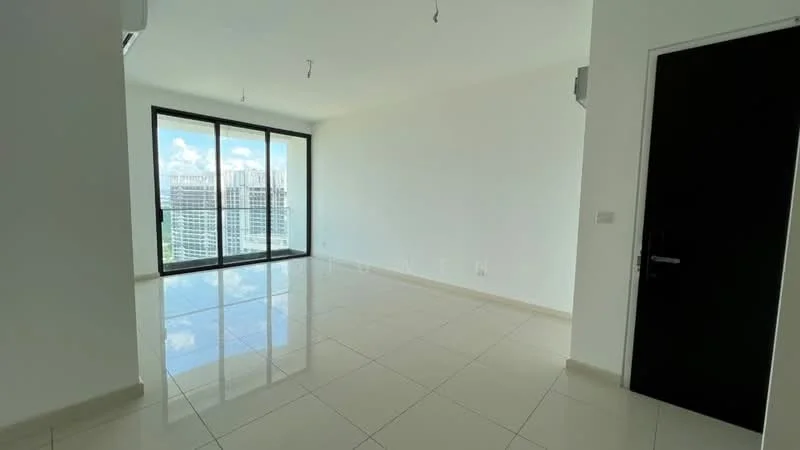 Living features: white painted walls, glossy ceramic tile flooring, floor-to-ceiling windows, city view, recessed downlights, air conditioning unit, sliding glass door, neutral color scheme; style: modern; view: city.
