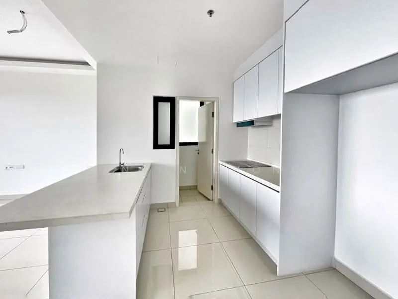 Kitchen features: white cabinetry, white countertops, double-bowl stainless-steel sink, chrome pull-down faucet, built-in oven, ceramic tile flooring, white tiled backsplash, recessed downlights, floor-to-ceiling windows, open layout, island counter, wall-mounted cabinets; style: modern.