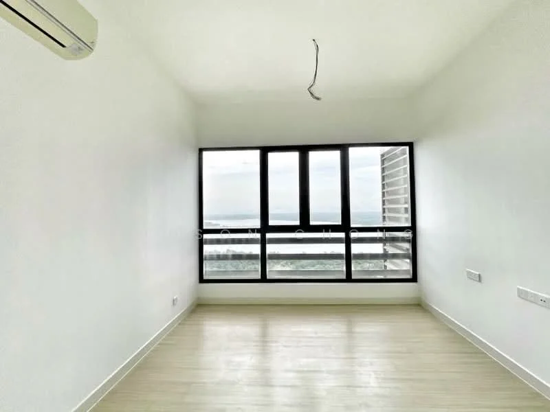 Room features: white painted walls, light wood flooring, floor-to-ceiling windows, city view, 1 wall-mounted split AC, no visible lighting fixtures, no visible furniture, minimalist decor; style: modern; view: city.