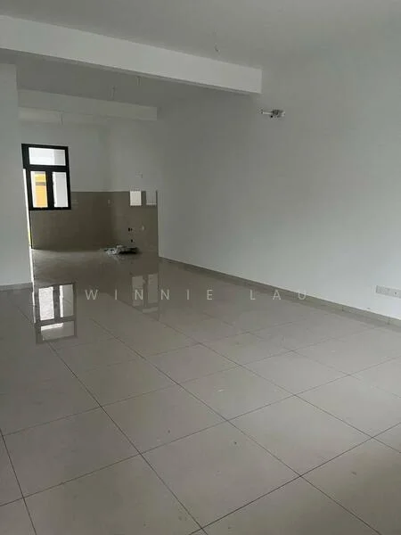 Room features: white painted walls, polished ceramic tile flooring, ceiling with exposed beams, large window, neutral color scheme, open layout, no visible furniture, minimal decor; style: modern.
