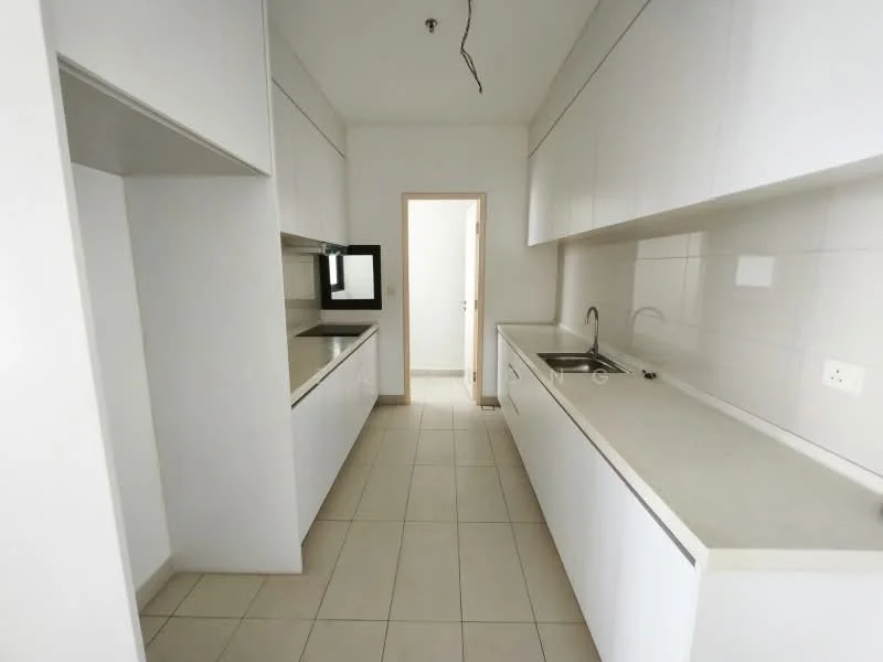 Kitchen features: white cabinetry, laminate countertop, single-bowl stainless-steel sink, chrome pull-down faucet, built-in oven, ceramic tile flooring, white tiled backsplash, recessed downlights, wall-mounted mirror, open shelving, neutral wall color, doorway leading to hallway; style: modern.