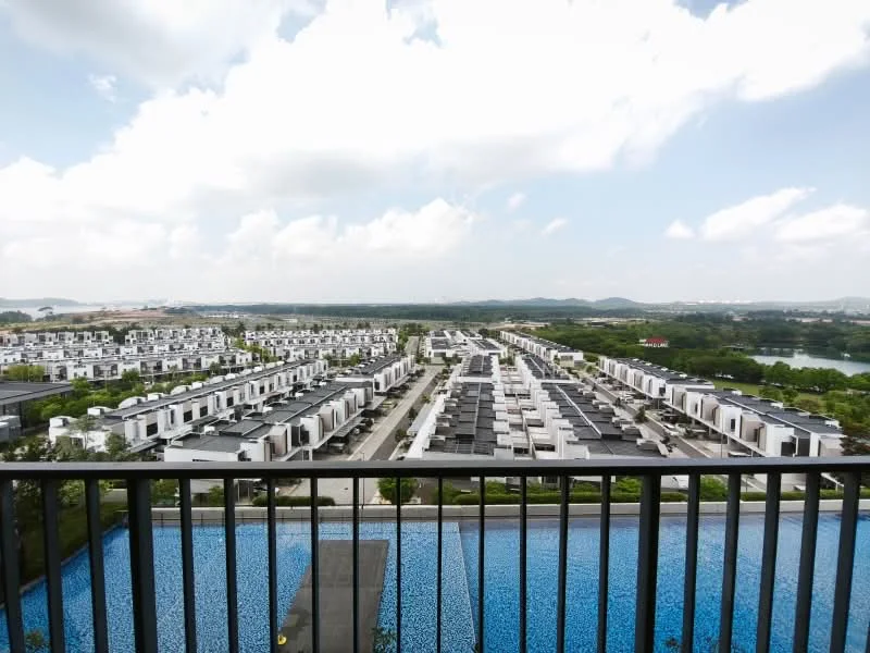 Exterior type: high-rise condominium; features: infinity pool, landscape garden, manicured lawn, surrounded by greenery, view of residential area, view of water body, multiple parking spaces, modern architecture; style: modern.