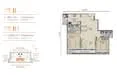 Floor plan: 2-bedroom 1-bathroom unit; features: open-plan kitchen-dining-living, master bedroom with ensuite bathroom, all bedrooms with windows, balcony off living room, utility room, central foyer.