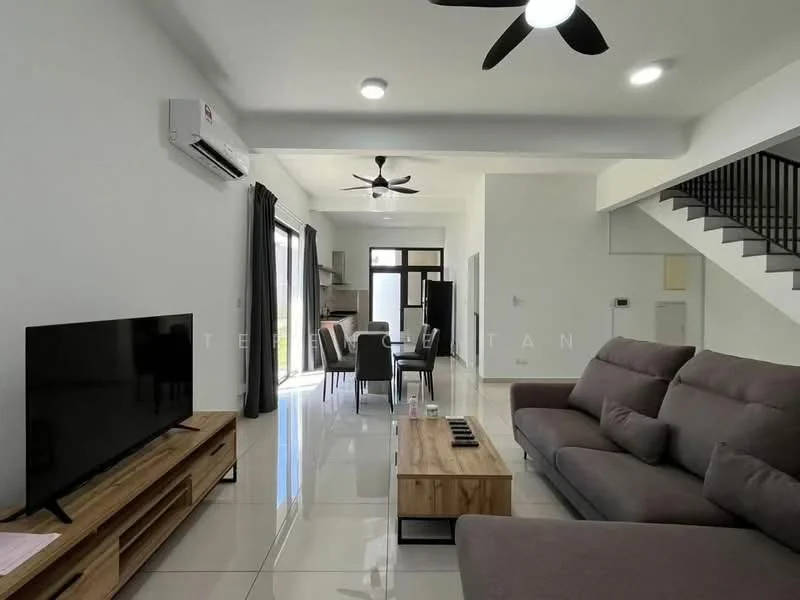 Living features: 3-seater fabric sofa in grey, wooden coffee table, wall-mounted TV, TV console, recessed downlights, 5-blade ceiling fan, floor-to-ceiling windows, sliding glass door, white painted walls, glossy tile flooring, air conditioning unit; style: modern; view: garden. Dining features: 6-seater dining table, upholstered dining chairs, open layout, white painted walls, glossy tile flooring; style: modern.