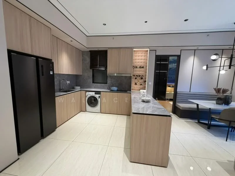 Kitchen features: light wood cabinetry, black refrigerator, built-in washing machine, grey stone countertop, white tiled backsplash, stainless-steel sink, chrome pull-down faucet, recessed downlights, open shelving, kitchen island with seating, ceramic tile flooring; style: modern.