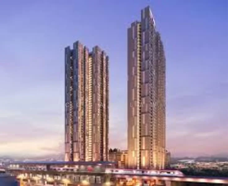 Exterior type: high-rise condominium; features: glass curtain wall, recessed balconies, feature lighting at night, approximately 30-storey high-rise, surrounded by mature greenery, urban context with skyline view in background; style: modern.