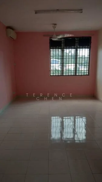 Room features: pink painted walls, glossy tile flooring, 1 wall-mounted split AC, ceiling fan, window with metal grille, natural light from window.