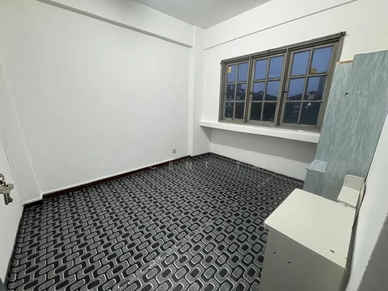 Room features: white painted walls, black and white patterned flooring, large window with multiple panes, window sill, built-in cabinet, plain ceiling; style: minimalist.