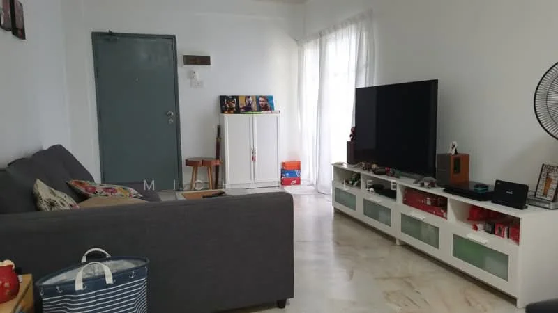 Living features: grey fabric sofa, white TV console with glass doors, large flat-screen TV, marble flooring, white painted walls, floor-to-ceiling windows with sheer curtains, decorative wall art, ceiling fan, small side table, storage cabinet, basket for storage; style: modern.