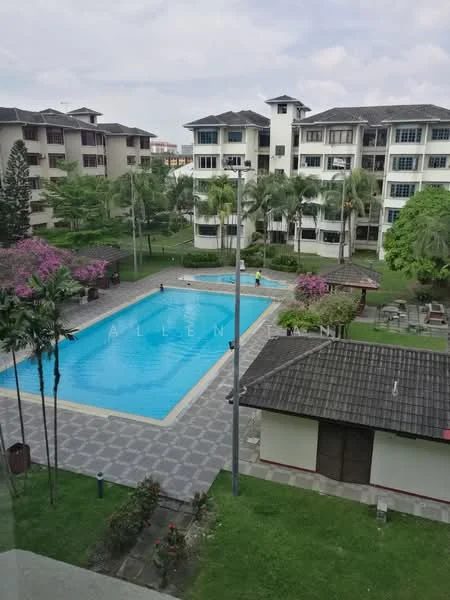 Exterior type: low-rise apartment block; features: swimming pool, pool deck with loungers, landscaped garden, manicured lawn, mature trees, flowering plants, paved walkway, gazebo, outdoor seating area; style: modern.
