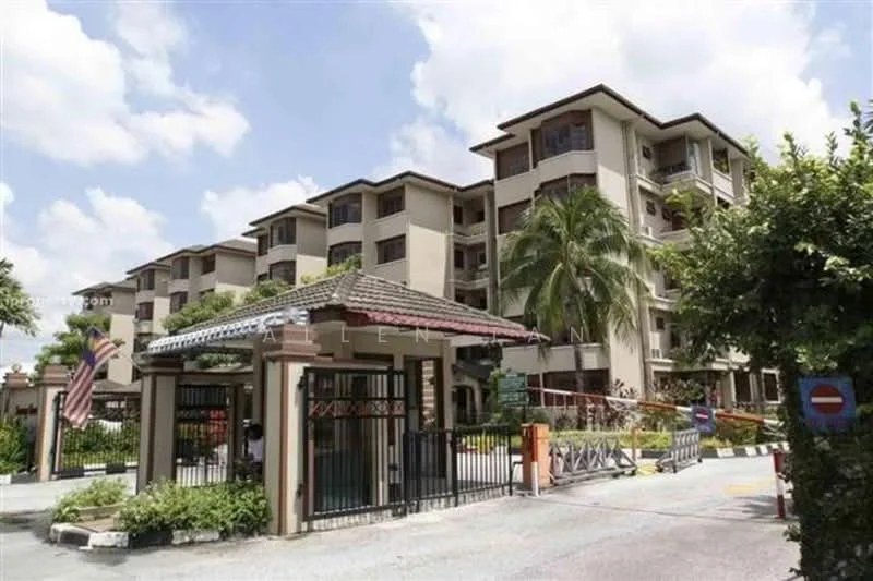 Exterior type: low-rise apartment block; features: gated entrance, manicured landscaping, palm trees, multiple storeys, balconies on upper floors, red tiled roof, cream painted facade, security guard house, driveway with interlocking pavers, surrounded by greenery; style: modern.