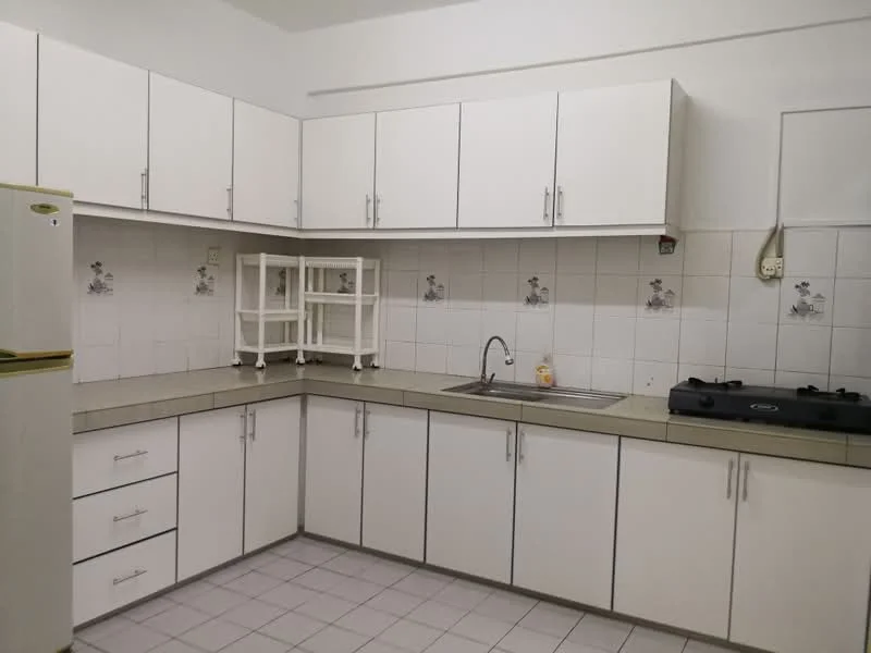 Kitchen features: white cabinetry, stainless-steel sink, chrome faucet, gas stove with 2 burners, grey countertop, white tiled backsplash, white tiled flooring, refrigerator, open shelving unit, drawers under countertop; style: modern.