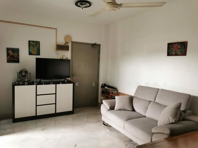Living features: grey fabric sofa, wooden coffee table, black TV console, flat-screen TV, ceiling fan, marble flooring, wall-mounted artwork, door with metal handle, wall-mounted fan; style: modern.