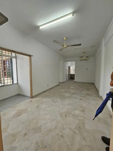 Room features: marble flooring, white painted walls, ceiling fan, wall-mounted split AC, large window, doorway leading to another room, neutral color scheme, high ceiling, natural light.