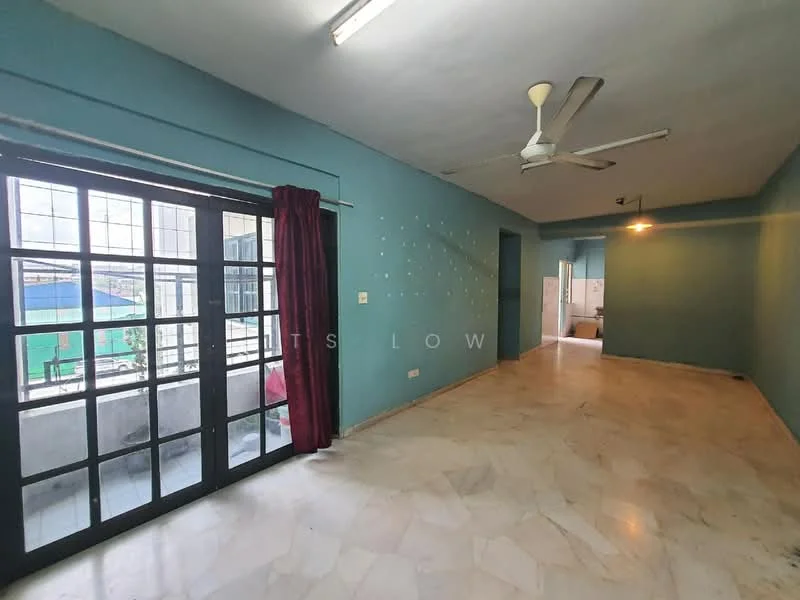Living features: light blue painted walls, marble flooring, 5-blade ceiling fan, floor-to-ceiling windows, black sliding glass door, curtains in dark red, recessed lighting, open layout; style: modern.