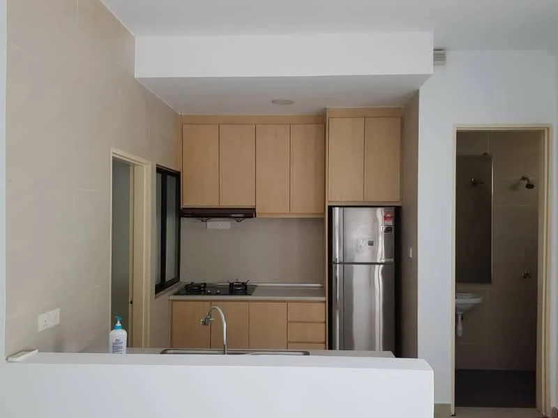 Kitchen features: light wood cabinetry, stainless-steel fridge, built-in gas hob, stainless-steel sink, chrome pull-down faucet, grey countertop, tile backsplash, window above sink, open layout to living area; style: modern. Room features: white walls, tile flooring, doorway to bathroom.