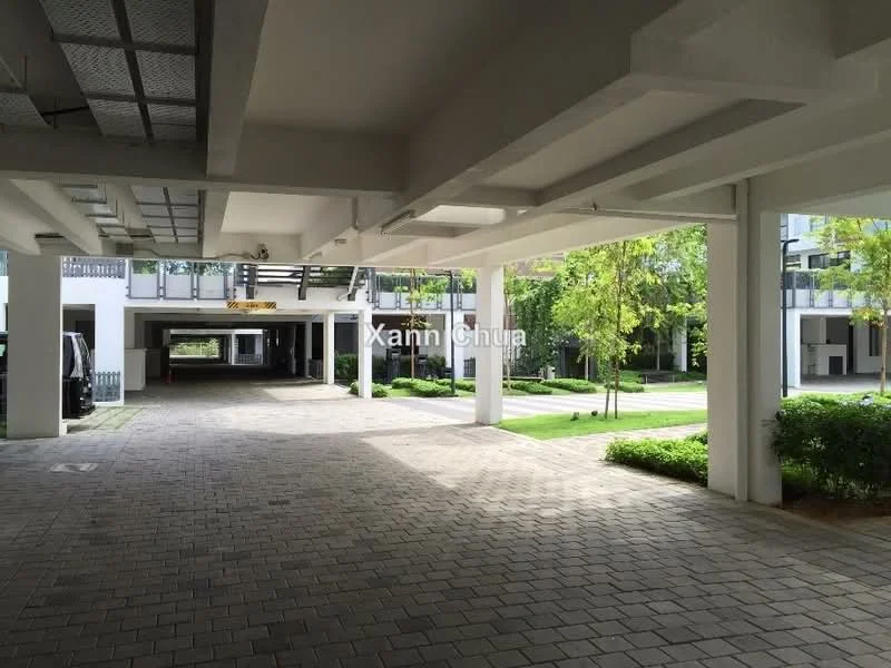 Exterior type: parking deck; features: paved driveway, covered parking area, landscaped greenery, mature trees, lighting fixtures, multiple parking bays; style: modern.