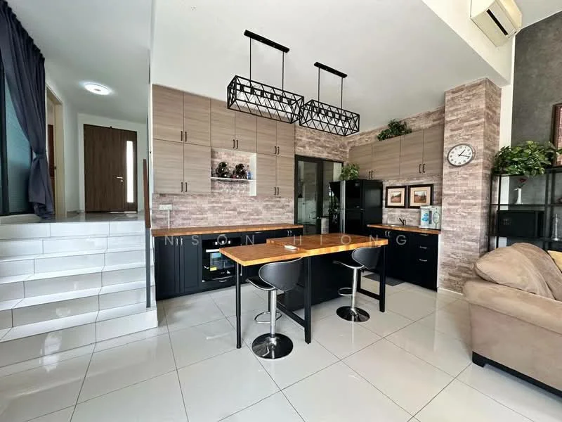 Kitchen features: black cabinetry, wood countertop, stainless-steel sink, chrome pull-down faucet, built-in oven, freestanding range oven, refrigerator, pendant lighting, open shelving, tile backsplash, white tiled flooring, wall-mounted clock, bar stools, exposed brick accent wall, air conditioning unit; style: modern. Room features: staircase, doorway, window with curtain.