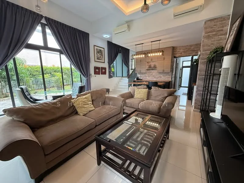 Living features: 3-seater fabric sofa in beige, glass coffee table, floor-to-ceiling windows, sheer curtains, recessed downlights, white painted walls, polished tile flooring, decorative wall with stone cladding, air conditioning unit, area rug with geometric pattern; style: modern; view: garden.