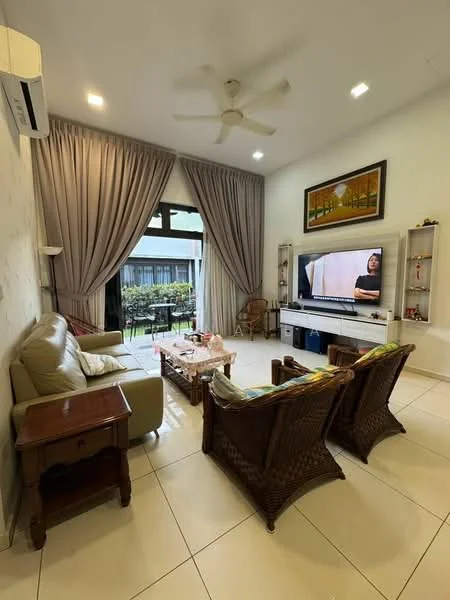 Living features: cream painted walls, white ceiling, 5-blade ceiling fan with light, floor-to-ceiling windows, sliding glass door, sheer curtains, light-colored leather sofa, 2 wicker armchairs, wooden coffee table, TV console, wall-mounted TV, decorative artwork, area rug, tile flooring; style: modern; view: garden.