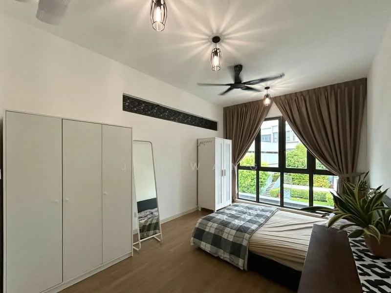 Bedroom features: king-size bed with patterned bedding, upholstered headboard, 2 bedside lamps, built-in wardrobe with sliding doors, full-length mirror, ceiling fan with light, large windows with sheer curtains, wooden flooring, decorative plant, plaid throw blanket; style: modern; view: garden.