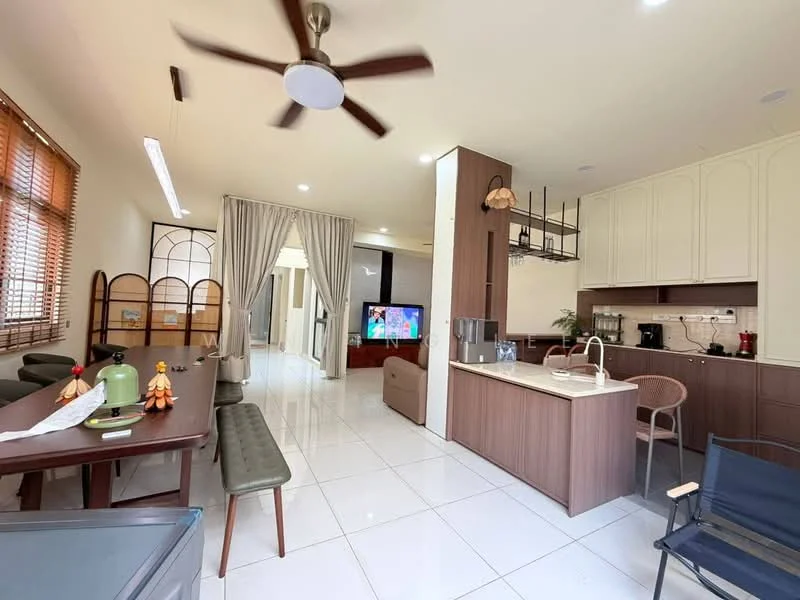 Kitchen features: white cabinetry, marble countertop, stainless-steel sink, chrome pull-down faucet, built-in oven, freestanding range oven, microwave, refrigerator, pendant light, recessed downlights, open shelving, tile flooring, wall-mounted TV; style: modern. Dining features: 6-seater dining table, upholstered dining chairs, decorative centerpiece, wooden dining table, floor-to-ceiling windows, curtains, ceiling fan; style: modern. Living features: sofa, coffee table, wall-mounted TV, decorative wall art, area rug, ceiling fan; style: modern.