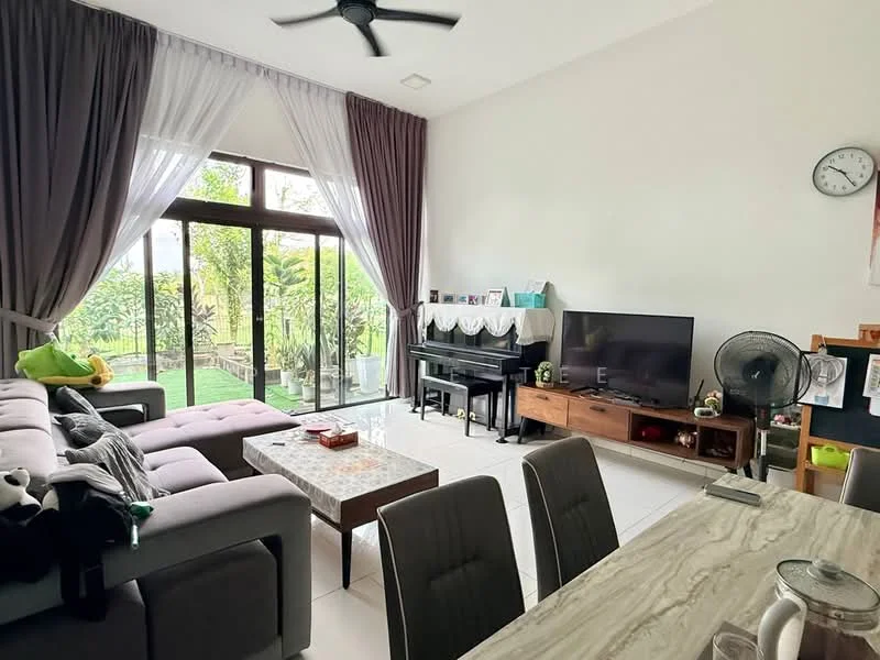 Living features: grey fabric sectional sofa, coffee table, wall-mounted TV, wooden TV console, ceiling fan, large floor-to-ceiling windows, sheer curtains, dark wood dining table with chairs, piano, decorative items on shelves, white tiled flooring, greenery view from windows; style: modern; view: garden.
